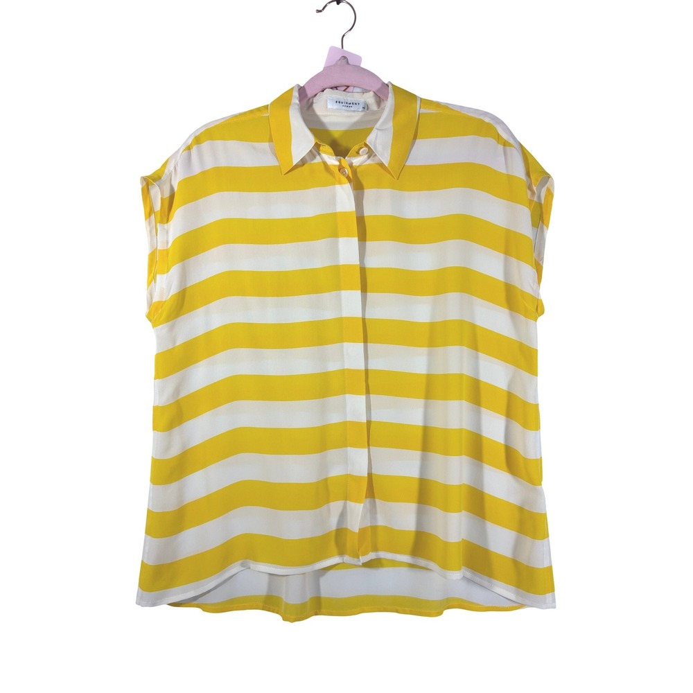 Equipment Femme Yellow White Striped 100% Silk Sleeveless Button Up Blouse XS